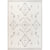 A bohemian style area rug with geometric motifs in a neutral color palette, featuring shades of grey and taupe on a white background.