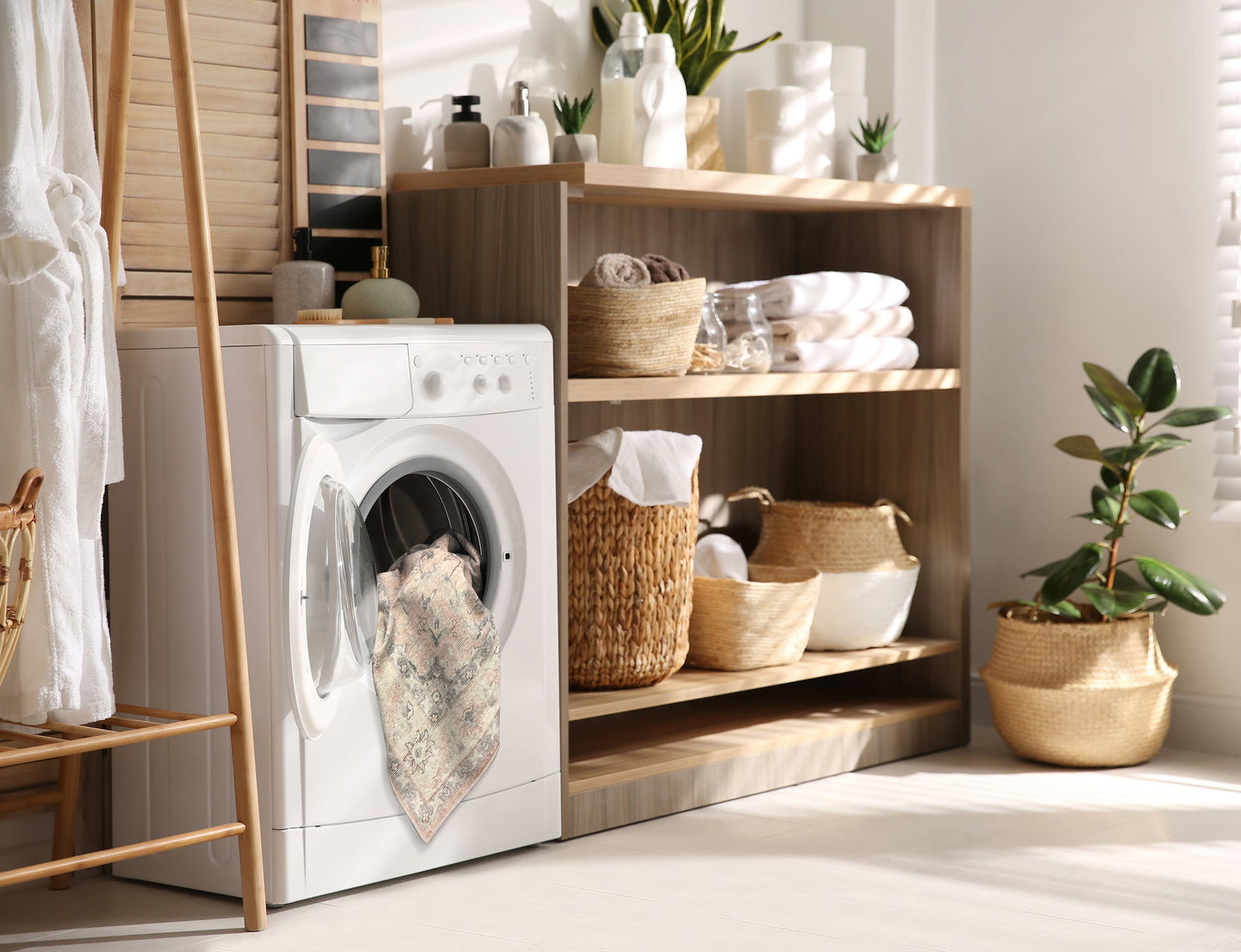 Laundry room with a washing machine, shelves, and woven baskets.