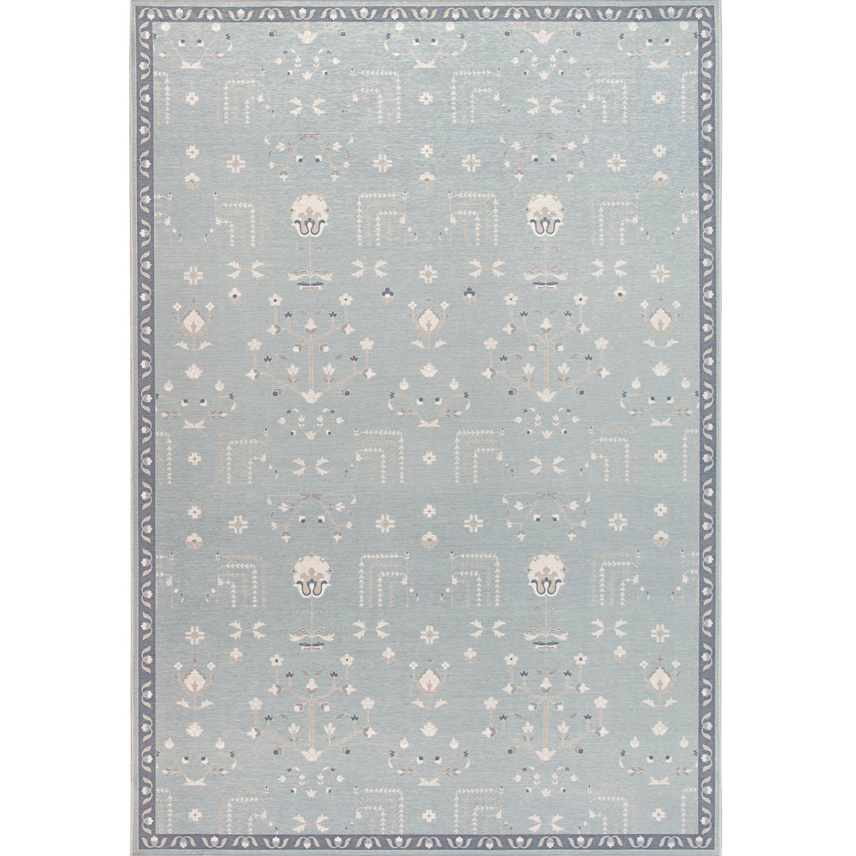 A rectangular rug with a traditional Persian design featuring the Tree of Life motif. The rug has a sea blue and ivory color palette with a subtle texture.